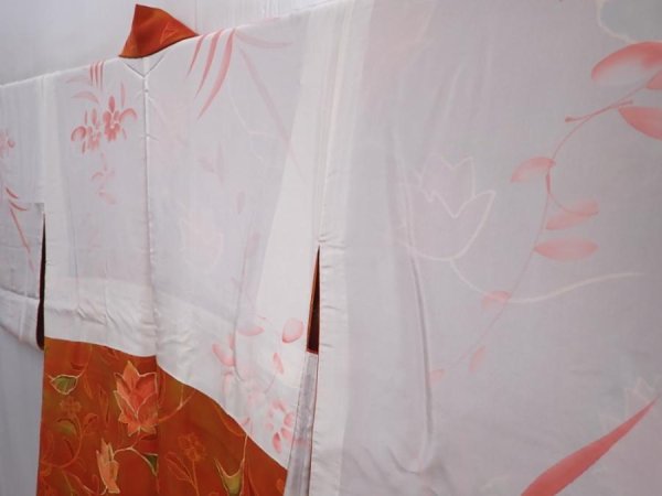 Photo7: 6010T01z530 Vintage Japanese Kimono Silk HAORI Flowers Dark orange (7)