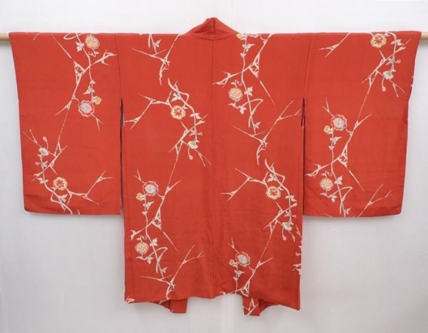 Photo1: 6010T02z390 Vintage Japanese Kimono Silk HAORI Flower Orange-Brown (1)