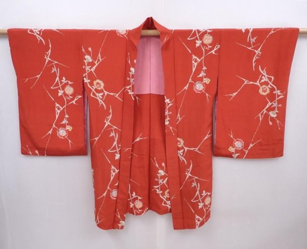 Photo7: 6010T02z390 Vintage Japanese Kimono Silk HAORI Flower Orange-Brown (7)