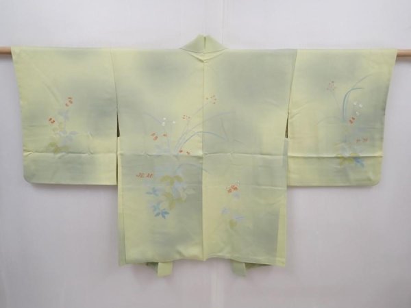Photo1: 6010T03z540 Vintage Japanese Kimono Silk HAORI Flower Light olive (1)
