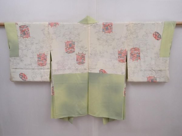 Photo6: 6010T03z540 Vintage Japanese Kimono Silk HAORI Flower Light olive (6)