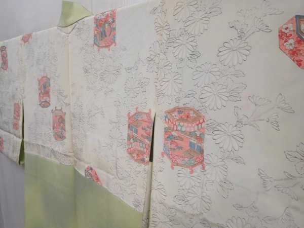 Photo7: 6010T03z540 Vintage Japanese Kimono Silk HAORI Flower Light olive (7)