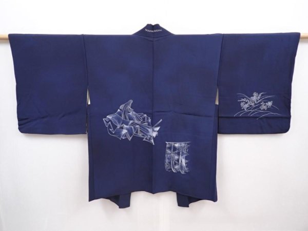 Photo1: 6010T05z520 Vintage Japanese Kimono Silk HAORI Princess Navy (1)