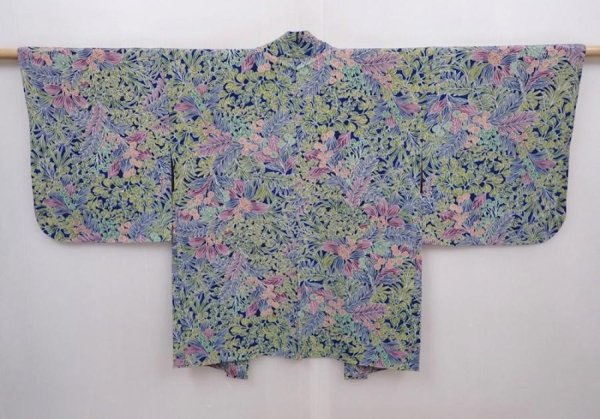 Photo1: 6010T06z450 Vintage Japanese Kimono Silk HAORI Flowers Navy (1)