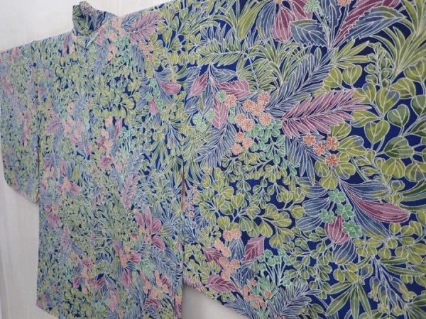 Photo2: 6010T06z450 Vintage Japanese Kimono Silk HAORI Flowers Navy (2)