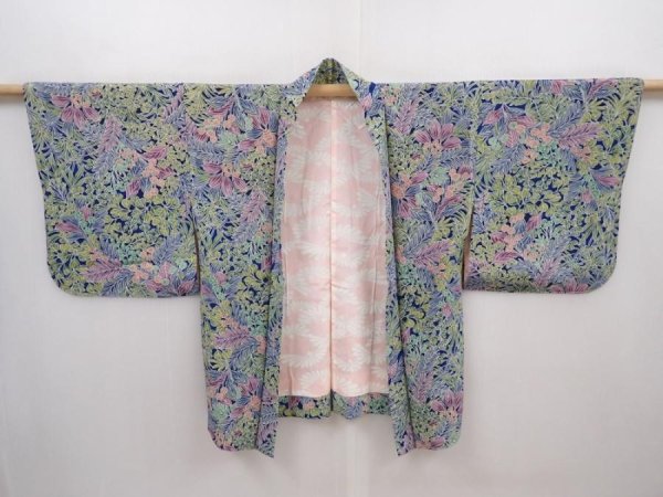 Photo5: 6010T06z450 Vintage Japanese Kimono Silk HAORI Flowers Navy (5)