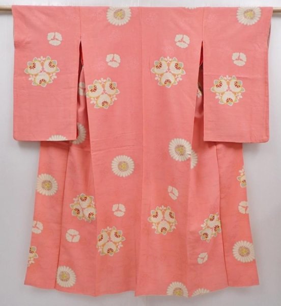 Photo1: 6010T10z800 Vintage Japanese Kimono Silk KOMON Tachibana Coral pink (1)