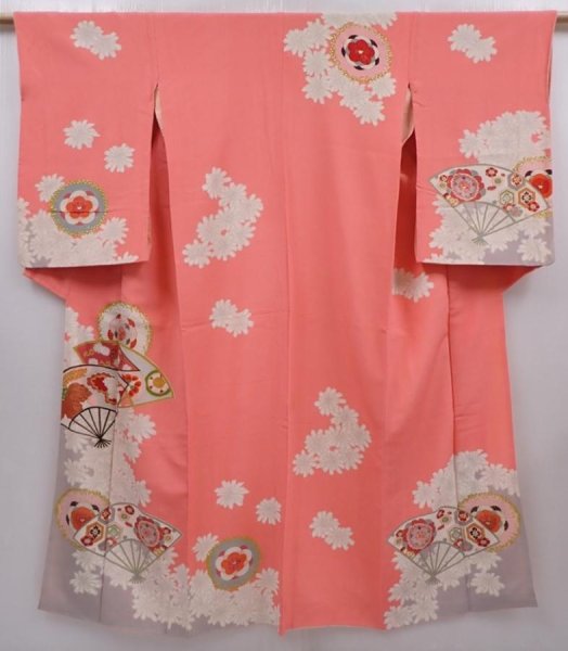 Photo1: 6010T13z740 Vintage Japanese Kimono Silk TSUKESAGE Folding fan Coral pink (1)