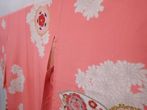Photo2: 6010T13z740 Vintage Japanese Kimono Silk TSUKESAGE Folding fan Coral pink (2)