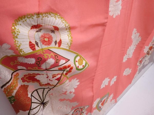 Photo3: 6010T13z740 Vintage Japanese Kimono Silk TSUKESAGE Folding fan Coral pink (3)