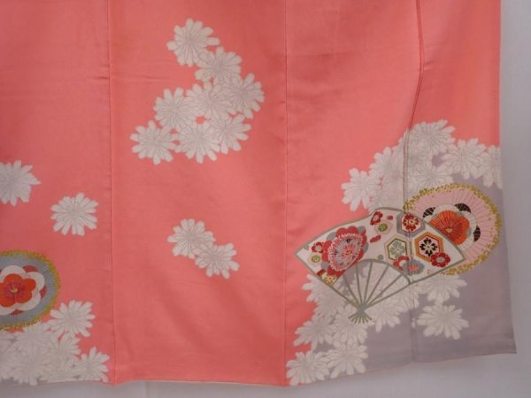 Photo7: 6010T13z740 Vintage Japanese Kimono Silk TSUKESAGE Folding fan Coral pink (7)