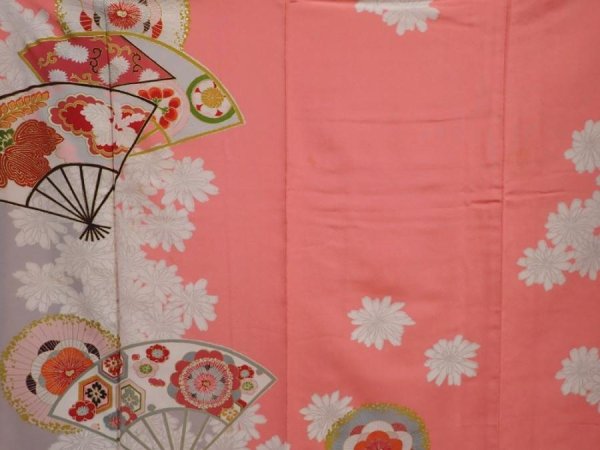 Photo8: 6010T13z740 Vintage Japanese Kimono Silk TSUKESAGE Folding fan Coral pink (8)