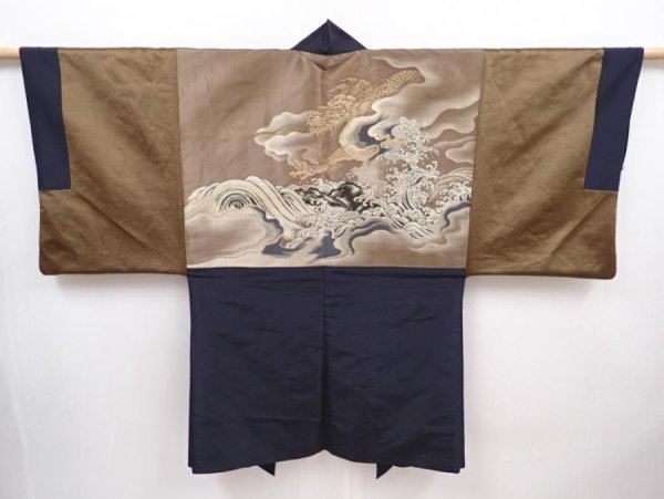 Photo1: 6011T01z480 Vintage Japanese Kimono Silk Men's HAORI Dragon Black (1)