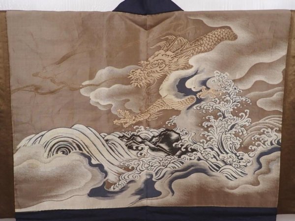 Photo2: 6011T01z480 Vintage Japanese Kimono Silk Men's HAORI Dragon Black (2)