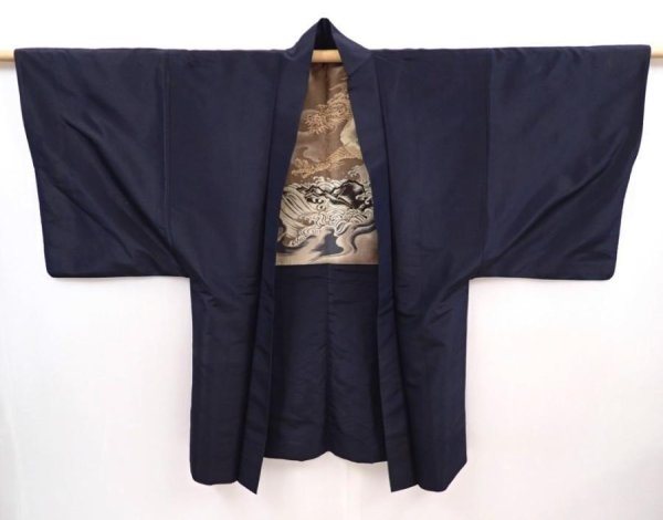 Photo4: 6011T01z480 Vintage Japanese Kimono Silk Men's HAORI Dragon Black (4)