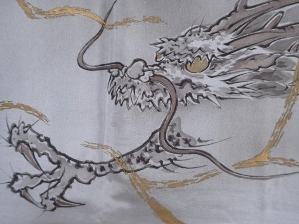 Photo2: 6011T02z600 Vintage Japanese Kimono Silk Men's HAORI Dragon Blue-Gray (2)