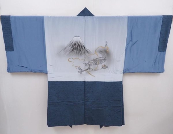 Photo3: 6011T02z600 Vintage Japanese Kimono Silk Men's HAORI Dragon Blue-Gray (3)