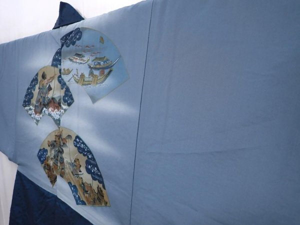 Photo2: 6011T04z690 Vintage Japanese Kimono Silk Men's HAORI Samurai Navy-Gray (2)