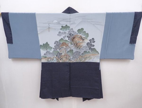 Photo1: 6011T06z680 Vintage Japanese Kimono Silk Men's HAORI Scenery Dark gray (1)
