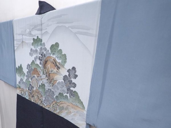 Photo2: 6011T06z680 Vintage Japanese Kimono Silk Men's HAORI Scenery Dark gray (2)