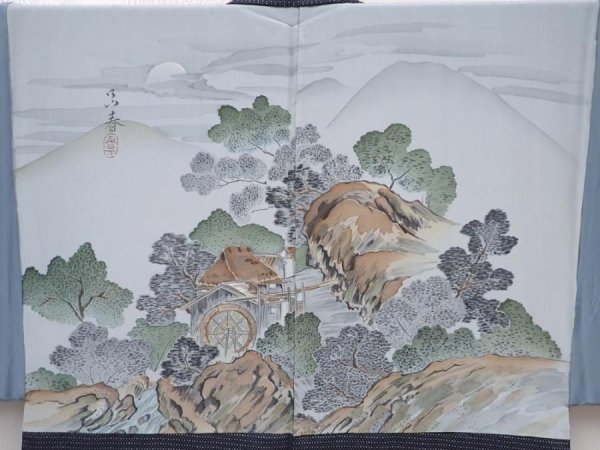 Photo3: 6011T06z680 Vintage Japanese Kimono Silk Men's HAORI Scenery Dark gray (3)