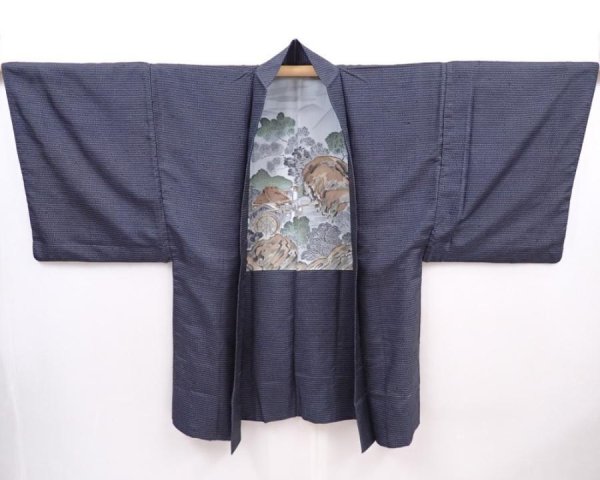 Photo6: 6011T06z680 Vintage Japanese Kimono Silk Men's HAORI Scenery Dark gray (6)