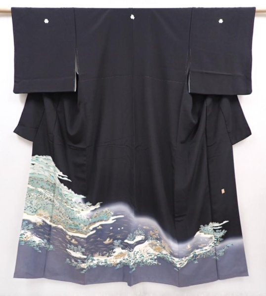 Photo1: 6011T08z1450  Japanese Kimono Silk Artist work TOMESODE  Black (1)