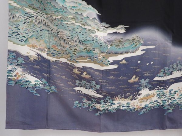 Photo6: 6011T08z1450  Japanese Kimono Silk Artist work TOMESODE  Black (6)