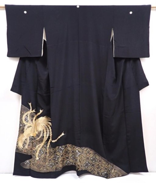 Photo1: 6011T09z1130 Vintage Japanese Kimono Silk TOMESODE Phoenix Black (1)