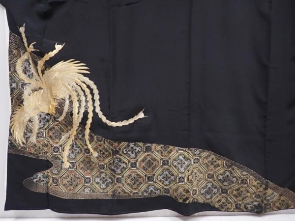 Photo5: 6011T09z1130 Vintage Japanese Kimono Silk TOMESODE Phoenix Black (5)