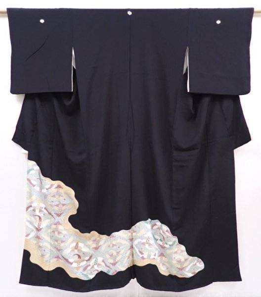 Photo1: 6011T12z940  Japanese Kimono Silk TOMESODE Flying crane Black (1)