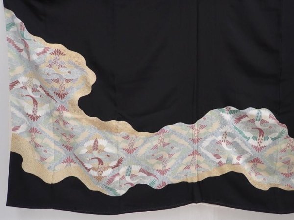 Photo5: 6011T12z940  Japanese Kimono Silk TOMESODE Flying crane Black (5)