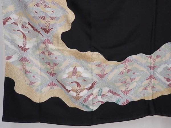 Photo6: 6011T12z940  Japanese Kimono Silk TOMESODE Flying crane Black (6)