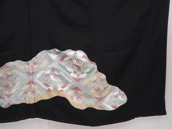Photo7: 6011T12z940  Japanese Kimono Silk TOMESODE Flying crane Black (7)