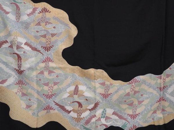 Photo8: 6011T12z940  Japanese Kimono Silk TOMESODE Flying crane Black (8)