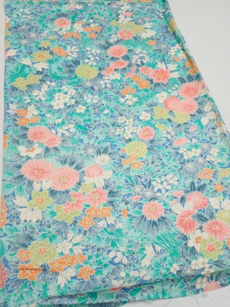 Photo2: 3D01z40  Japanese Kimono Silk  FABRIC Flowers Cyan 42.5x14.4 (2)