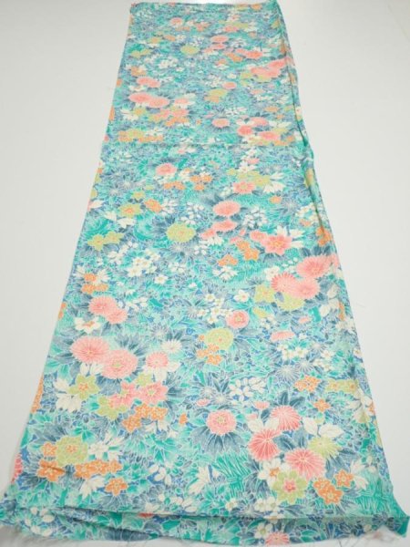 Photo5: 3D01z40  Japanese Kimono Silk  FABRIC Flowers Cyan 42.5x14.4 (5)