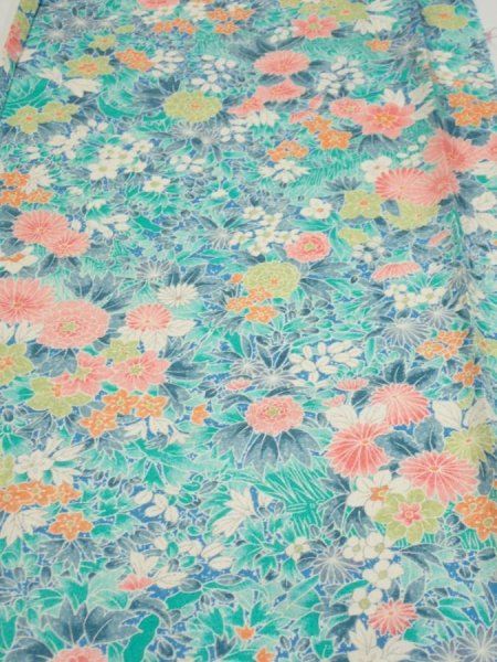 Photo1: 3D03z50  Japanese Kimono Silk  FABRIC Flowers Cyan 51.2x14.4 (1)