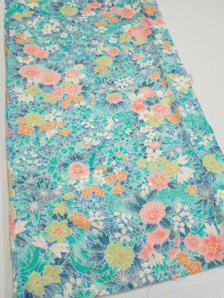 Photo2: 3D03z50  Japanese Kimono Silk  FABRIC Flowers Cyan 51.2x14.4 (2)