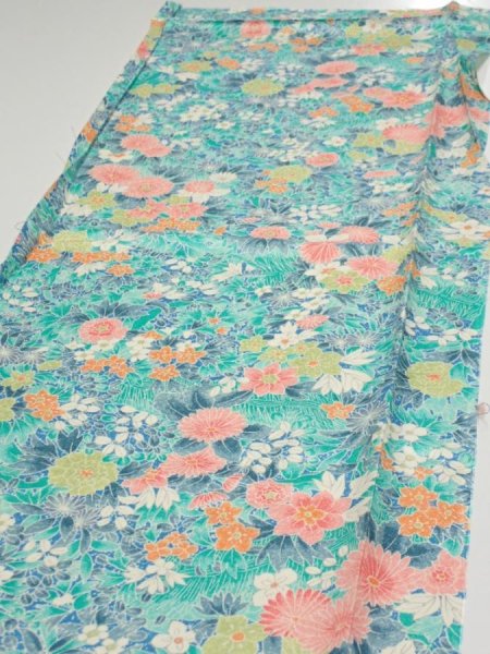 Photo3: 3D03z50  Japanese Kimono Silk  FABRIC Flowers Cyan 51.2x14.4 (3)