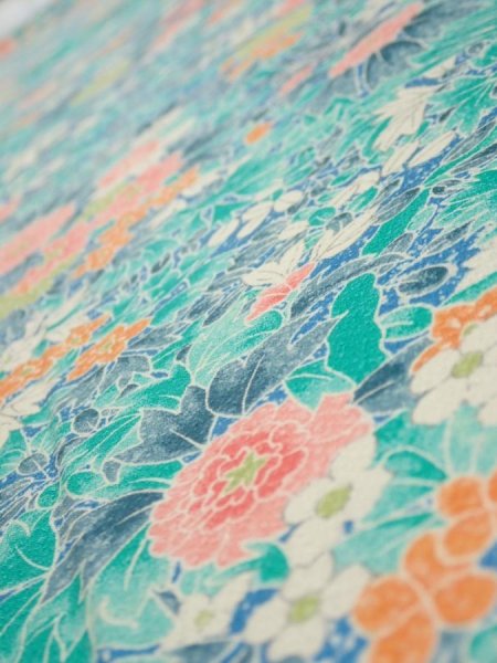 Photo4: 3D03z50  Japanese Kimono Silk  FABRIC Flowers Cyan 51.2x14.4 (4)