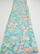 Photo5: 3D03z50  Japanese Kimono Silk  FABRIC Flowers Cyan 51.2x14.4 (5)