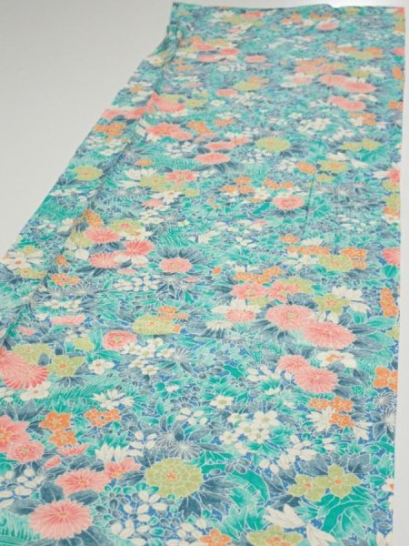 Photo3: 3D04z60  Japanese Kimono Silk  FABRIC Flowers Cyan 64.6x14.4 (3)