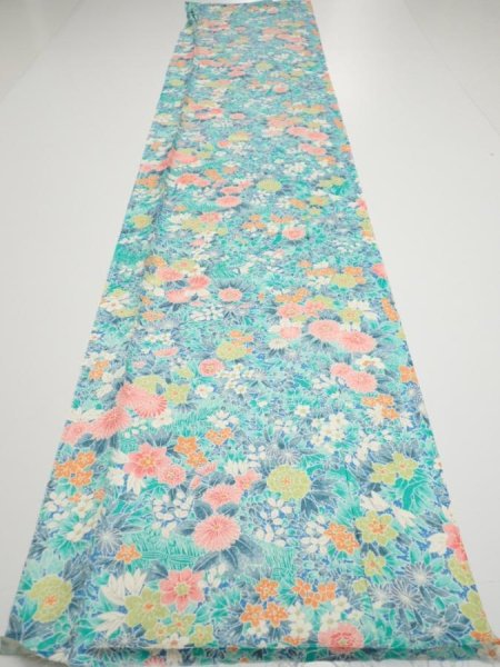 Photo5: 3D04z60  Japanese Kimono Silk  FABRIC Flowers Cyan 64.6x14.4 (5)