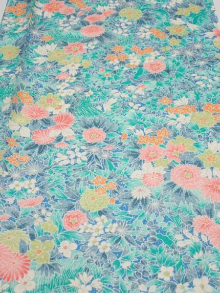 Photo1: 3D05z60  Japanese Kimono Silk  FABRIC Flowers Cyan 64.6x14.2 (1)