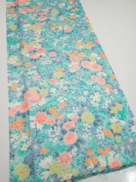 Photo2: 3D05z60  Japanese Kimono Silk  FABRIC Flowers Cyan 64.6x14.2 (2)