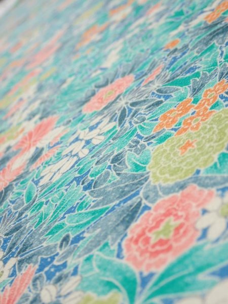 Photo4: 3D06z60  Japanese Kimono Silk  FABRIC Flowers Cyan 64.6x14.2 (4)