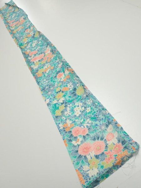 Photo5: 3D07z30  Japanese Kimono Silk  FABRIC Flowers Cyan 61.0x7.1 (5)