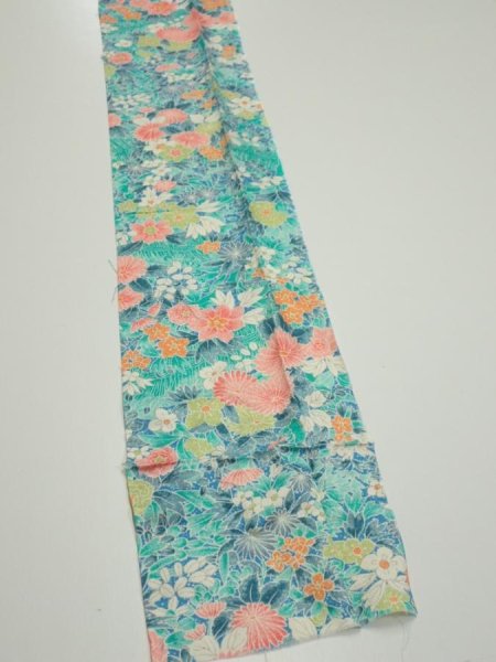 Photo2: 3D08z40  Japanese Kimono Silk  FABRIC Flowers Cyan 85.0x7.1 (2)