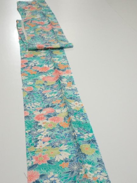 Photo3: 3D08z40  Japanese Kimono Silk  FABRIC Flowers Cyan 85.0x7.1 (3)